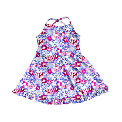 3.31 GSD2285 Baby Girls Lavender Strap Colorful Floral Yoga Ruffle Knee Length Dresses Preorder