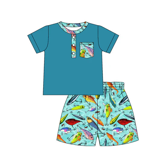 12.20 MOQ：5pcs BSSO1785 pre-order baby boy clothes fishing print toddler boy summer outfit