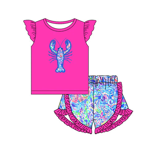 4.16 GSSO2534 Baby Girls Hot Pink Floral Crayfish Top Ruffle Shorts Set Preorder