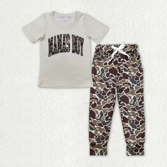 L-3.1BT0792+ P0433 mama's boy Camouflage letter Beige short sleeve top Brown green beige pantsuit