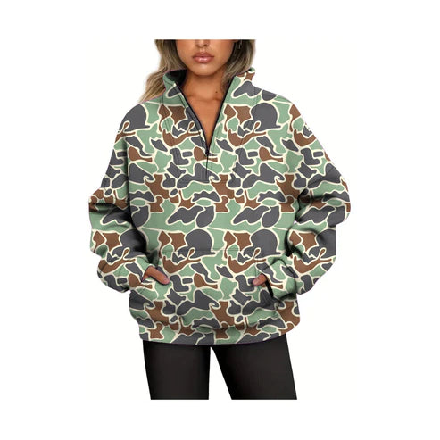 6.4 GT0833 Adult Women Green Camo Long Sleeve Tee Shirts Zip Pullovers Tops Preorder