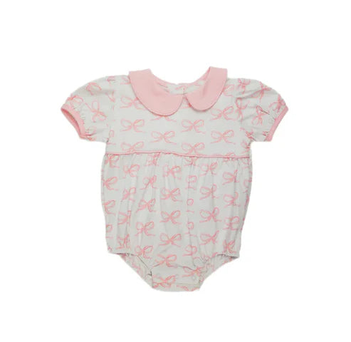 SR2893 Baby Infant Girls Pink Short Ruffle Sleeves Bows Doll Collar Rompers Preorder