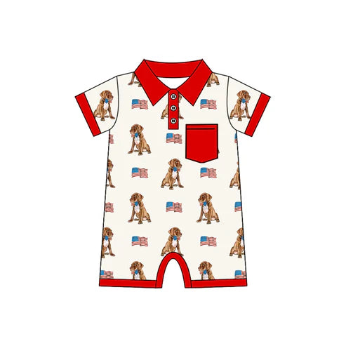 4.18 SR3064 Baby Boys Short Sleeves Button Pocket Flags Dogs 4th Of July Rompers Preorder
