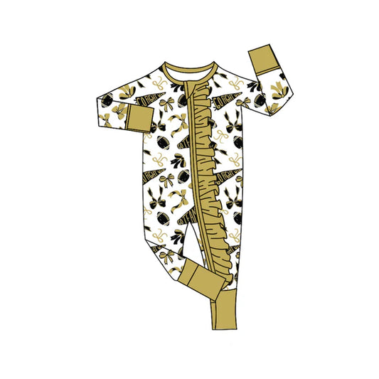 8.2 LR2515 Baby Girls Green Bows Footballs Plaid Ruffle Zipper Team Rompers Preorder