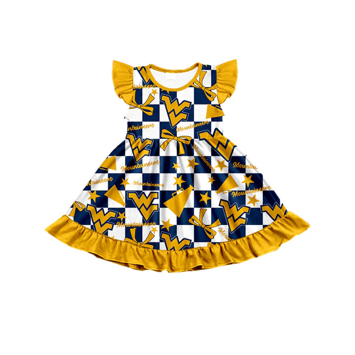 7.8 Custom Moq 3 Baby Girls Flutter Sleeves WV Plaid Bows Team Knee Length Dresses