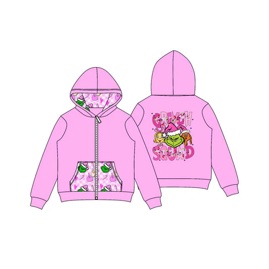 8.2 GT1142 Baby Girls Pink Christmas Green Faces Pocket Zipper Hoodies Preorder