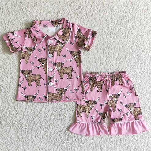 B11-28 Girls Bull Head Pink Short Sleeve Shorts Set