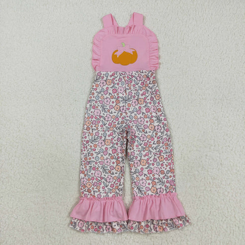 9.17 SR3176 Embroidery Baby Girls Pink Strap Bow Pumpkins Floral Ruffle Pant Jumpsuit