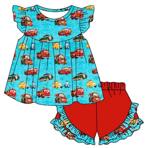 5.7 Girls cartoon car blue short sleeve top red shorts suit