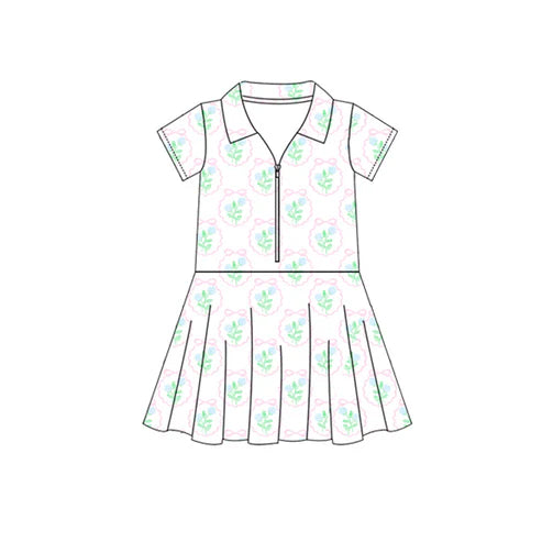 4.16  GSD2411 Baby Girls Short Sleeves Green Flowers Bows Zipper Knee Length Dresses Preorder
