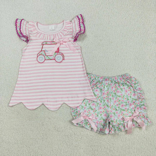 8.2 GSSO2633 Embroidery Baby Girls Flutter Sleeves Floral Golf Truck Tunic Ruffle Short Set
