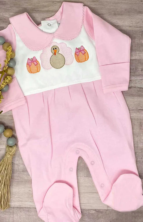 8.7 LR2563 Baby Girls Pink Pumpkins Turkey Fall Footed Rompers Preorder