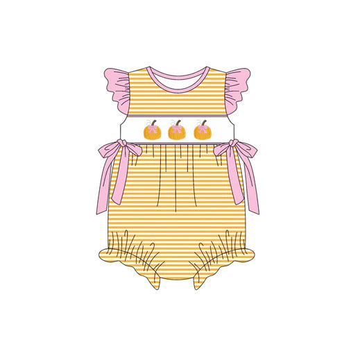 6.13SR3125 Baby Girls Flutter Sleeves Yellow Stripe Pumpkins Ruffle Rompers Preorder