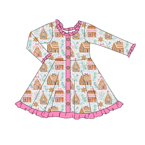 6.6 GLD1108 Baby Girls Long Ruffle Sleeves Houses Snowflake Button Knee Length Dresses Preorder