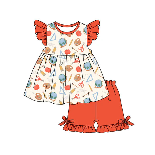 12.24 MOQ：5pcs GSSO3072 pre-order toddler girl clothes apple print girl back to school summer set