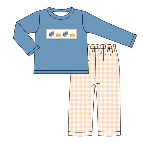 7.30 BLP1176 Baby Boys Long Sleeves Turkey Pumpkins Top Plaid Pant Set Preorder