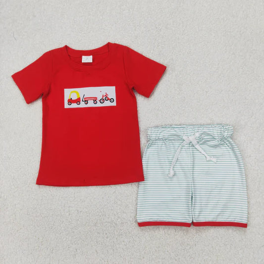 4.7  BSSO1432 Baby Boys Red Short Sleeves Trucks Top Blue Stripe Short Set