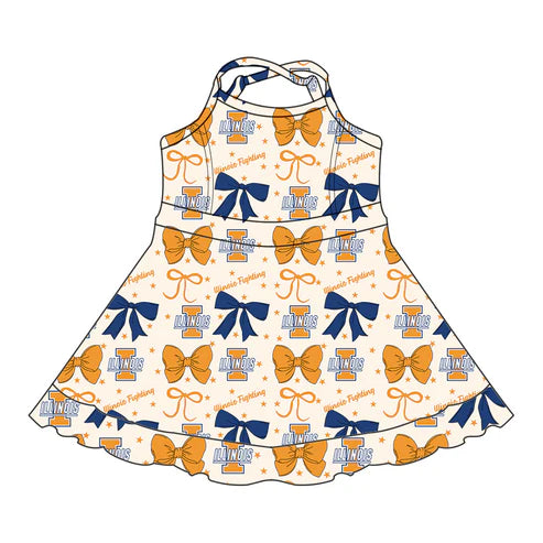 7.3 Custom Moq 3 Baby Girls Strap Illinois Bows Plaid Short Ruffle Team Knee Length Dresses