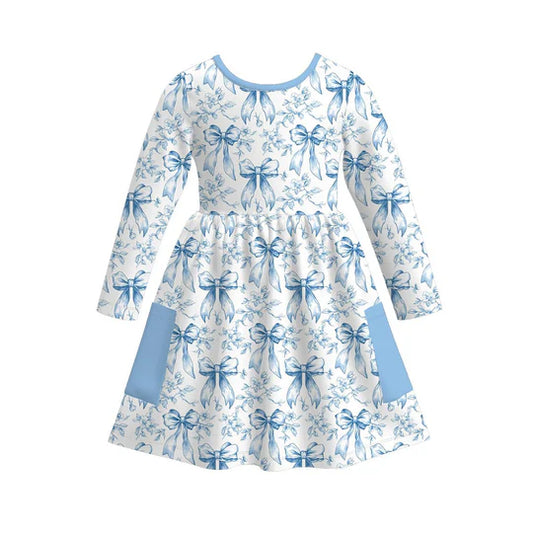 12.9 MOQ:5pcs GLD1555 pre-order toddler girl clothes blue bows print girl winter dress