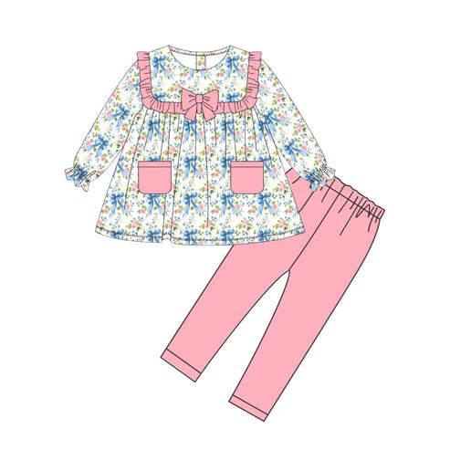 10.22  GLP2951 Baby Girls Bows Floral Pockets Pockets Tunic Legging Pants Clothes Sets Preorder