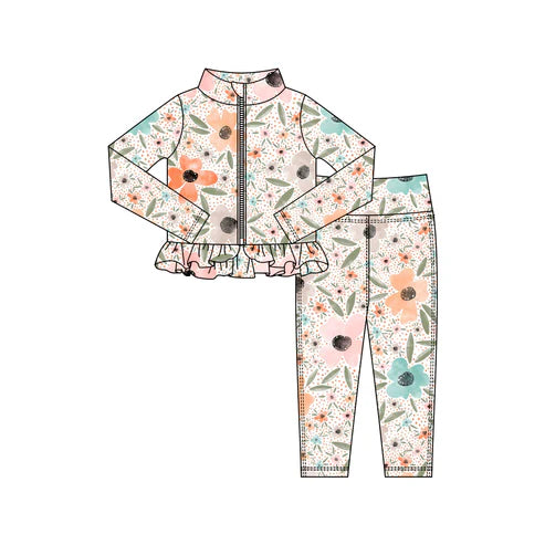 10.27 GLP3004 Baby Girls Pink Blue Flowers Zipper Jackets Ruffle Top Leggings Yoga Clothes Sets Preorder