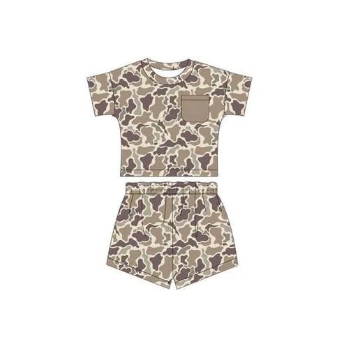 6.7 BSSO1537 Baby Boys Short Sleeves Khaki Camo Pocket Top Short Western Pajamas Set Preorder