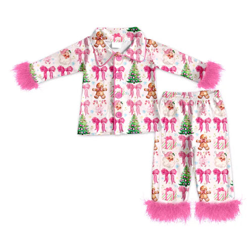 8.22  GLP2717 Adult Women Bows Gingerbread Trees Button Top Pants Christmas Fur Pajamas Set Preorder