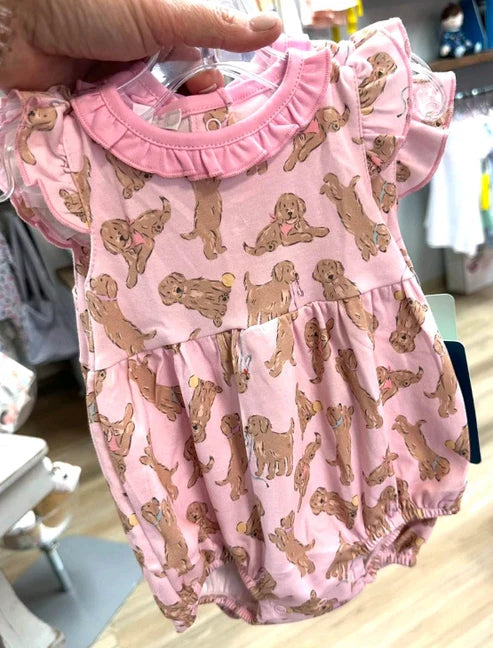 6.13 SR3122 Baby Girls Pink Flutter Sleeves Dogs Plaid Ruffle Rompers Preorder