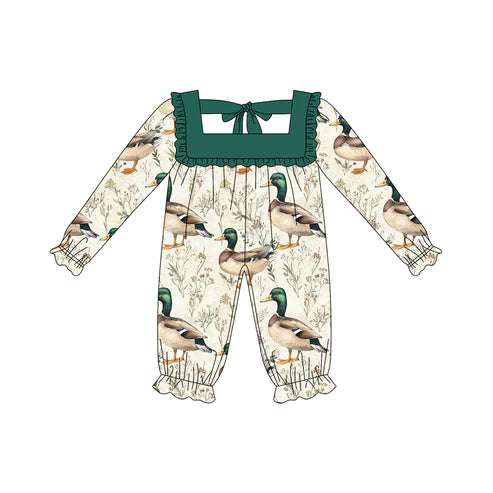 5.20 LR2227 Baby Girls Long Ruffle Sleeves Green Ducks Pant Rompers Preorder