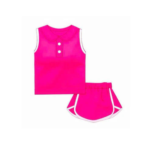 3.17 GSD2163 Baby Girls Hot Pink Sleeveless Button Vest Top Shorts Cotton Clothes Sets preorder