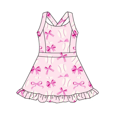 5.23 GSD2567 Baby Girls Strap Pink Bows Baseballs Activity Wear Yoga Knee Length Dresses Preorder