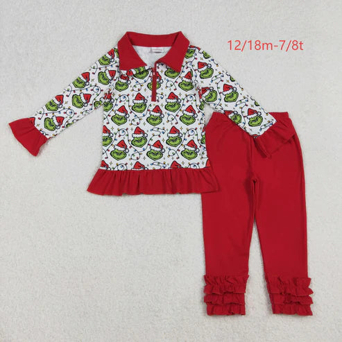 10.16 GLP2714 Baby Girls Christmas Lights Green Faces Plaid Zipper Pullover Legging Pants Set