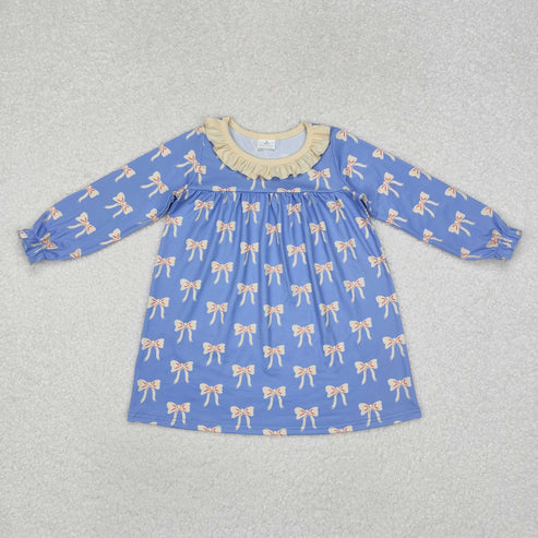 GLD0897 Baby Girls Blue Bows Ruffle Knee Length Dress