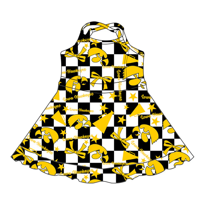 7.8 Custom Moq 3 Baby Girls Strap IOWA Bows Plaid Short Ruffle Team Knee Length Dresses