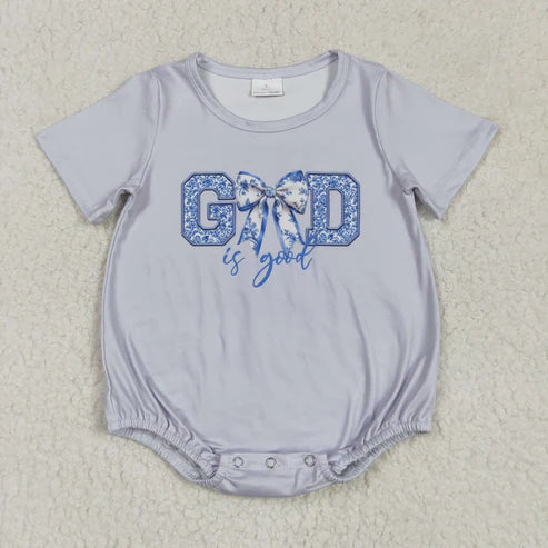 5.3  SR2772 Baby Infant Girls Grey God Is Good Bow Romper
