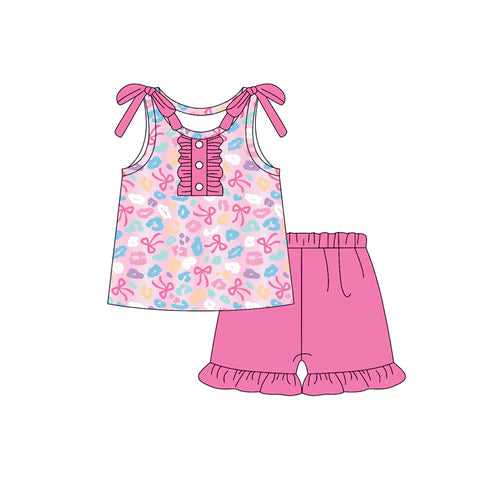 6.13  GSSO2643 Baby Girls Sleeveless Pink Bows Leopard Button Top Ruffle Short Set Preorder