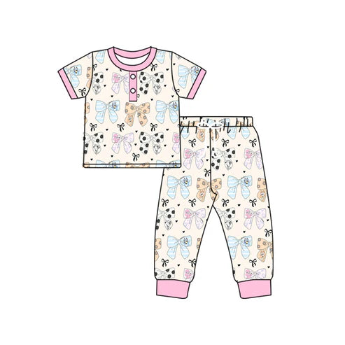 GSPO1862 Baby Girls Pink Dog Bows Tops Pants Pajamas Clothes Sets Preorder