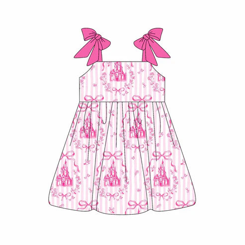 4.22 GSD2505 Baby Girls Pink Strap Castles Bows Knee Length Dress Preorder