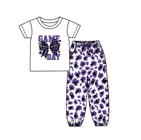 10.8 Custom Moq 5 Baby Kids Game Day Team Top Purple Leopard Pants Clothes Sets