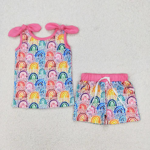 3.21 GSSO2085 Baby Girls Rainbow Colorful Bow Top Shorts Clothes Set