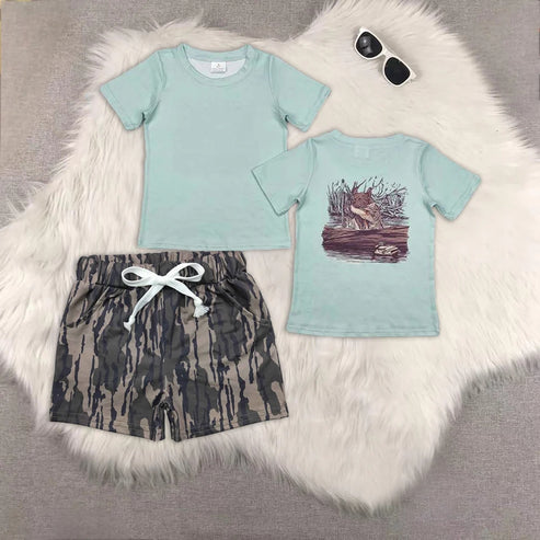 4.29 BT1081+SS0201 Baby Boys Aqua Dog Ducks Shirts Top Bottomland Camo Pockets Shorts Western Hunting Set