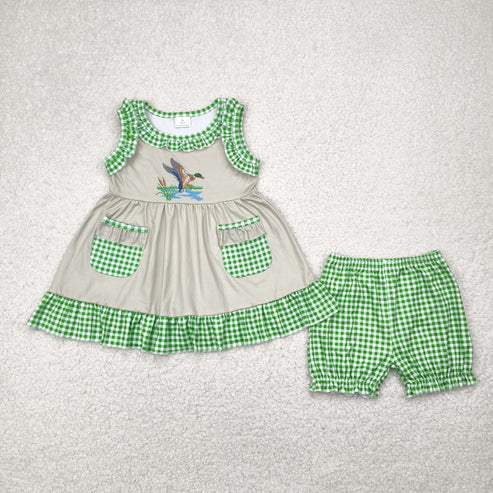 5.3 GSSO0848 Baby Girls Duck Green Checkered Tunic Top Shorts Clothes Set