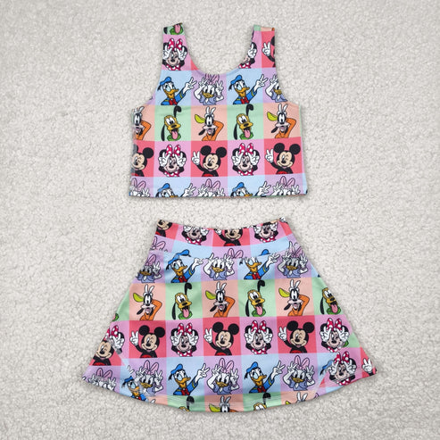 4.29 GSD2333 Baby Girls Sleeveless Cartoon Mouse Ducks Plaid Top Skort Yoga Set