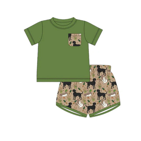 L-3.4 BSSO1297 Baby Boys Green Pocket Shirt Dog Duck Call Shorts Clothes Sets Preorder）