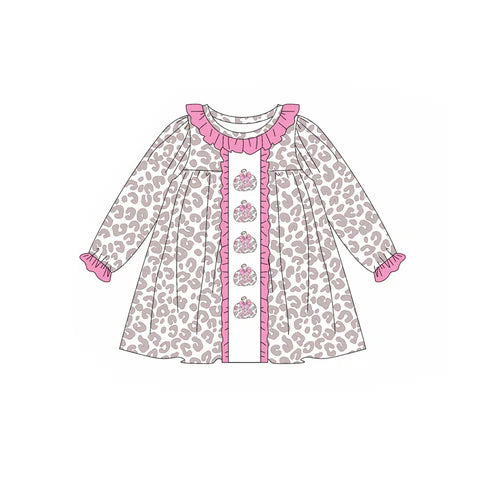 5.19 GLD1054 Baby Girls Long Ruffle Sleeves Leopard Bows Pumpkins Knee Length Dresses Preorder