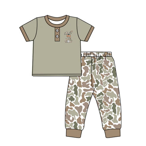 10.2 BSPO0603 Baby Boys Olive Camo Rabbit Button Top Pants Easter Clothes Sets Preorder