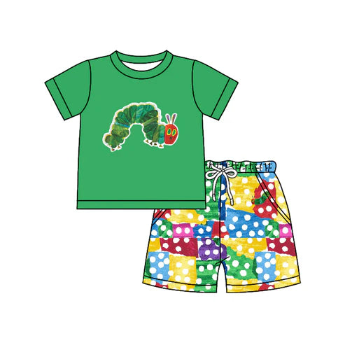 6.20 BSSO1510 Baby Boys Green Short Sleeves Caterpillar Top Pockets Short Set Preorder