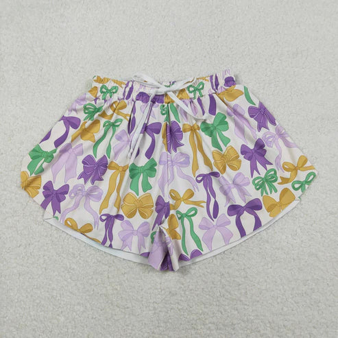 11.27 SS0681 Adult Women Mardigras Bows Plaid Yoga Active Ruffle Shorts Bottoms