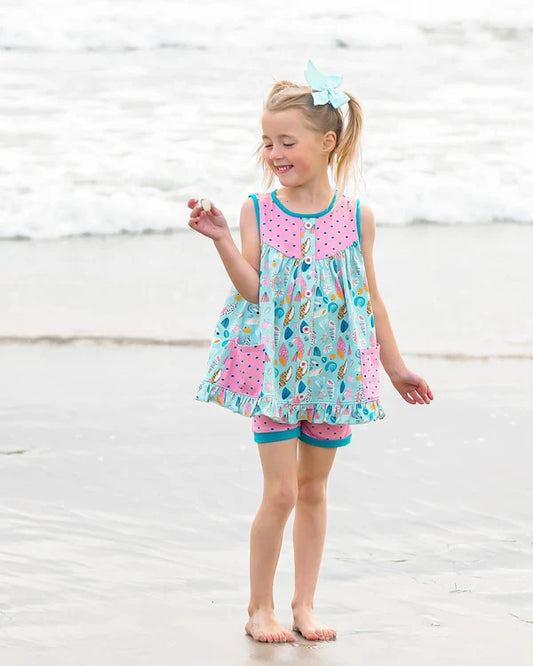 L-3.5 GSSO2116 Baby Girls Seashell Pockets Tunic Top Shorts Clothes Sets Preorder