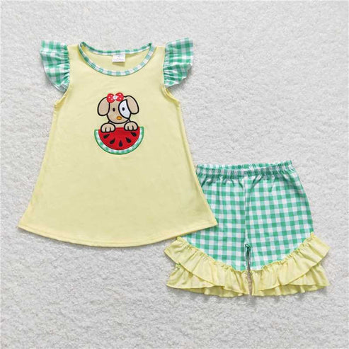 6.17 GSSO0483 Embroidered watermelon puppy Yellow green white plaid flying sleeve shorts set